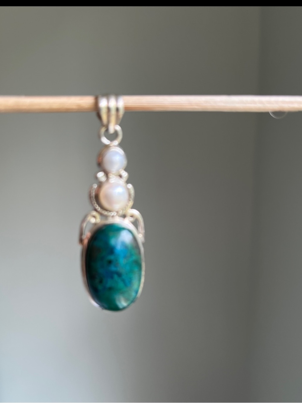 Sterling Silver Green Chrysocolla and Pearl Drop Pendant